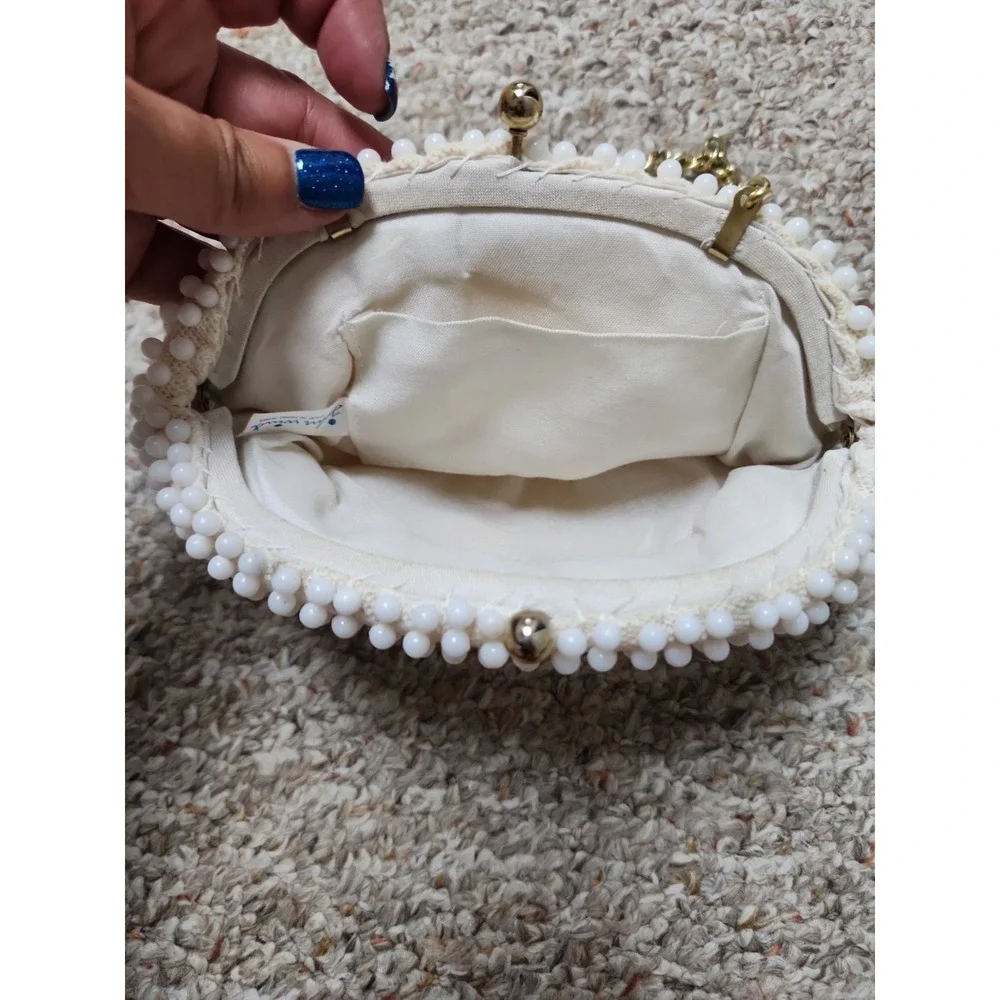 John Wind Purse Vintage Beaded 60's Hong Kong Boho Hippie Cloth Bag Ivory Gold